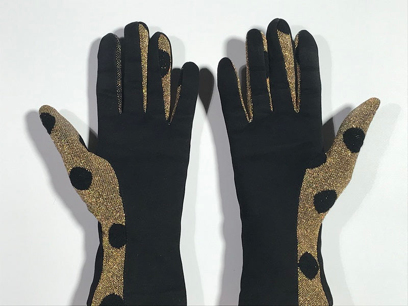 Pierre Cardin gloves with black and gold polka dots