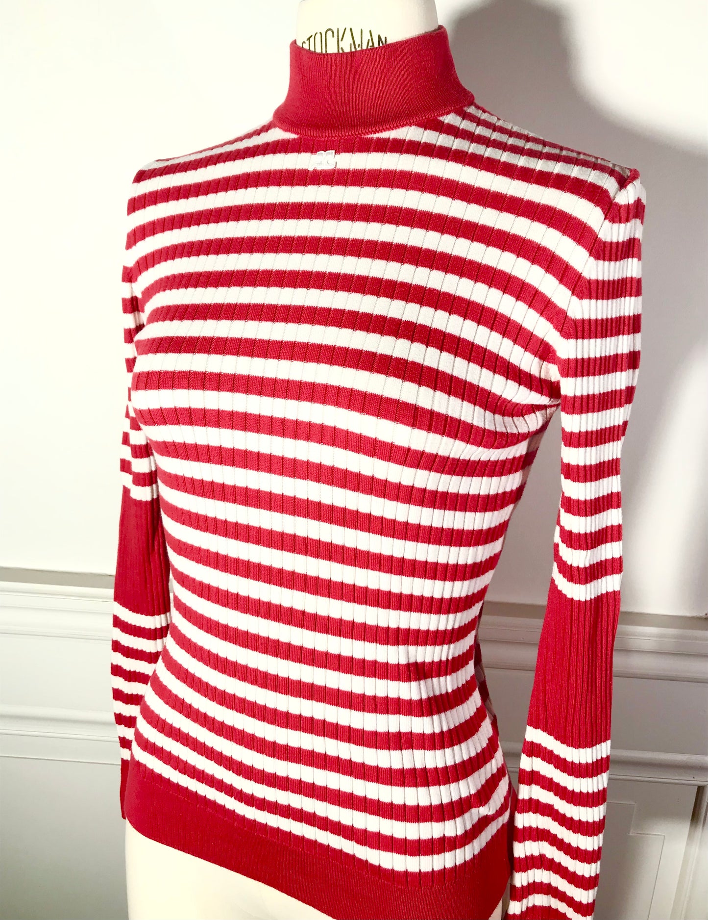 Pull Courrèges col montant marinière rouge et blanc
