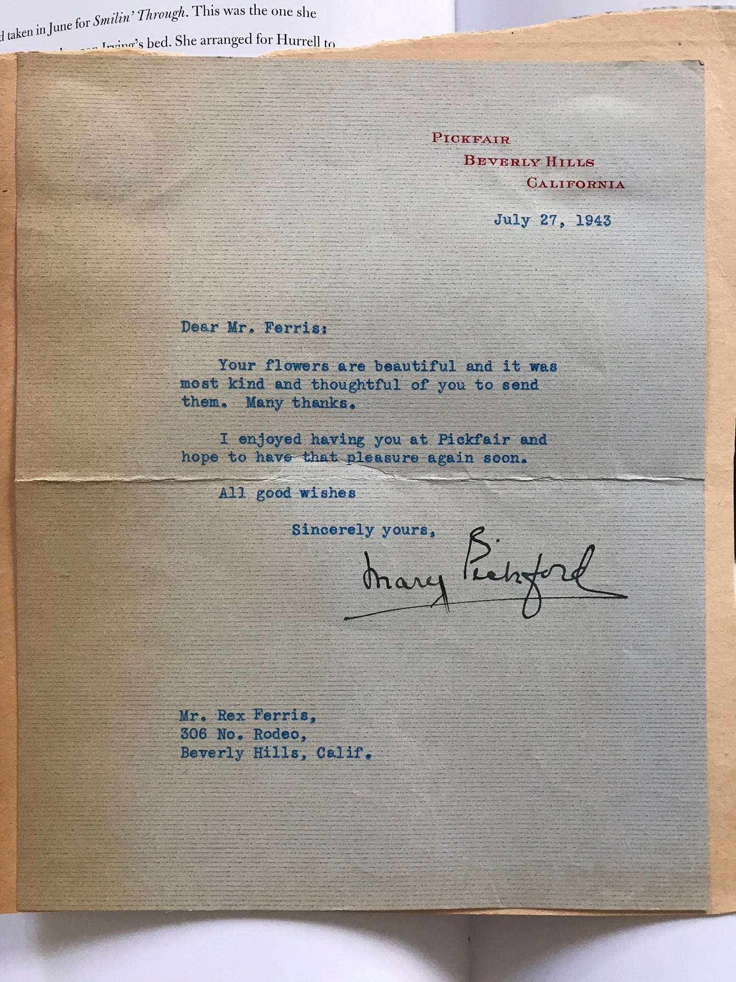 Lettre signée par Mary Pickford, 1943