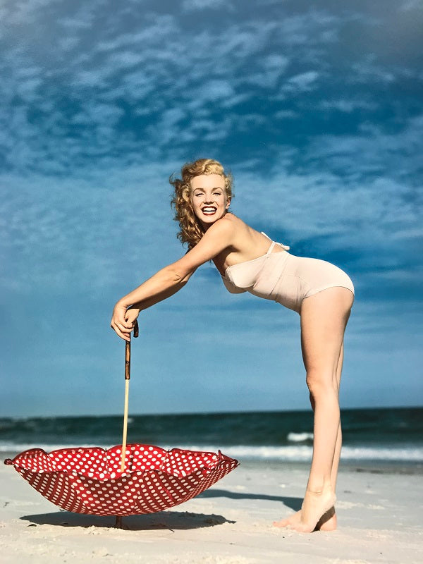 6. André de Dienes - Marilyn Monroe - umbrella, Tobey Beach, 1949