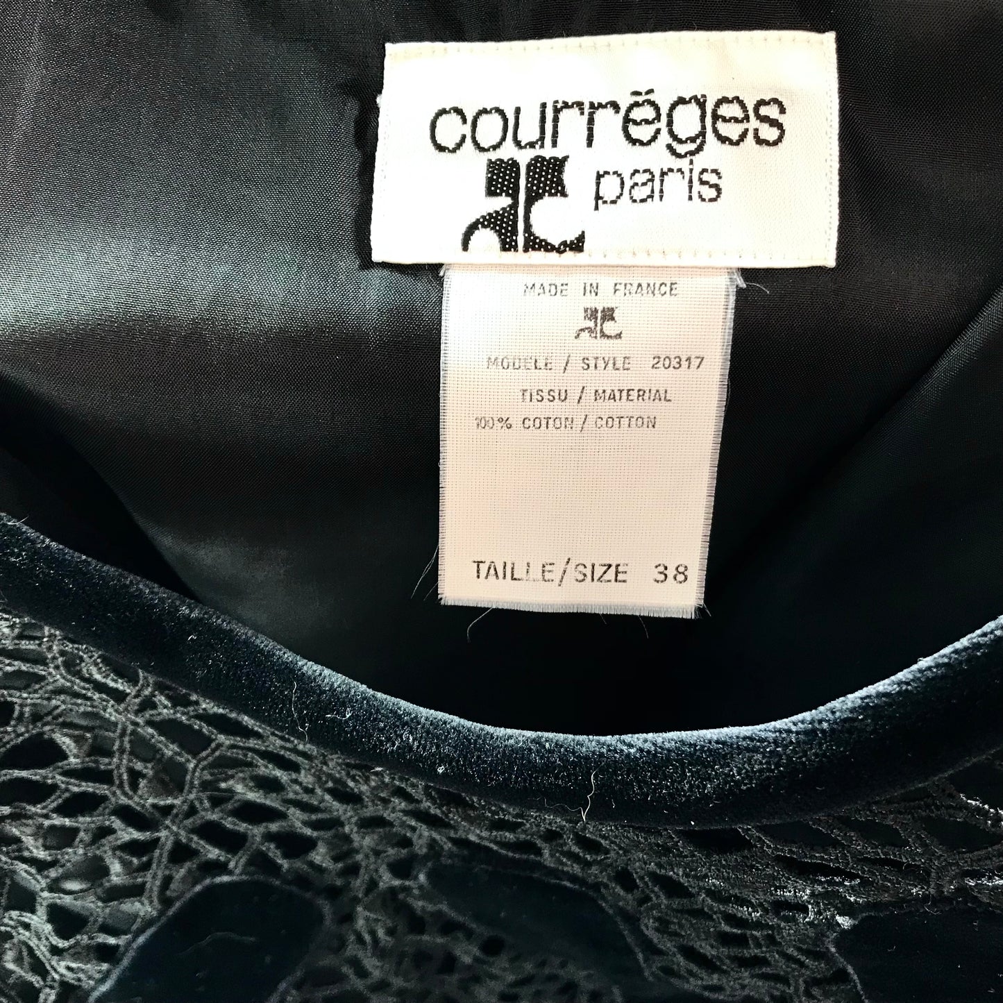 Courrèges evening dress in black velvet and guipure