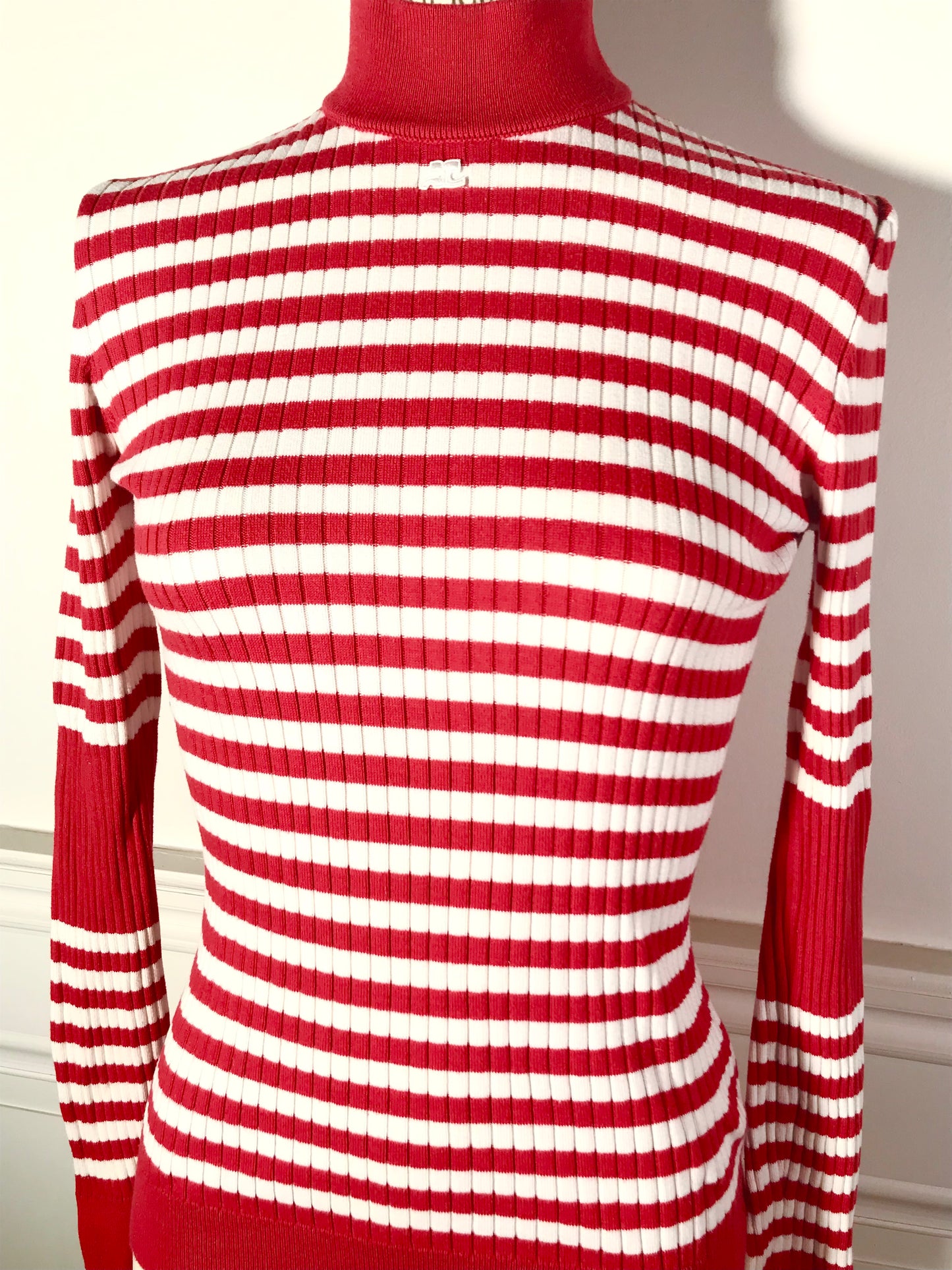 Pull Courrèges col montant marinière rouge et blanc