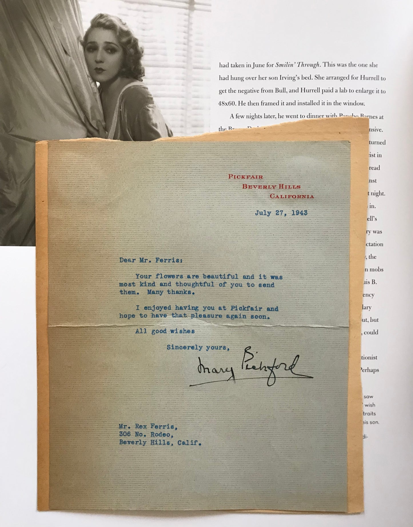 Lettre signée par Mary Pickford, 1943